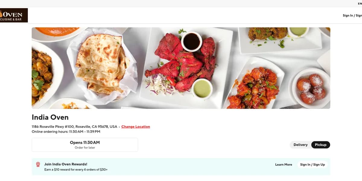 The India Oven Roseville online ordering screen