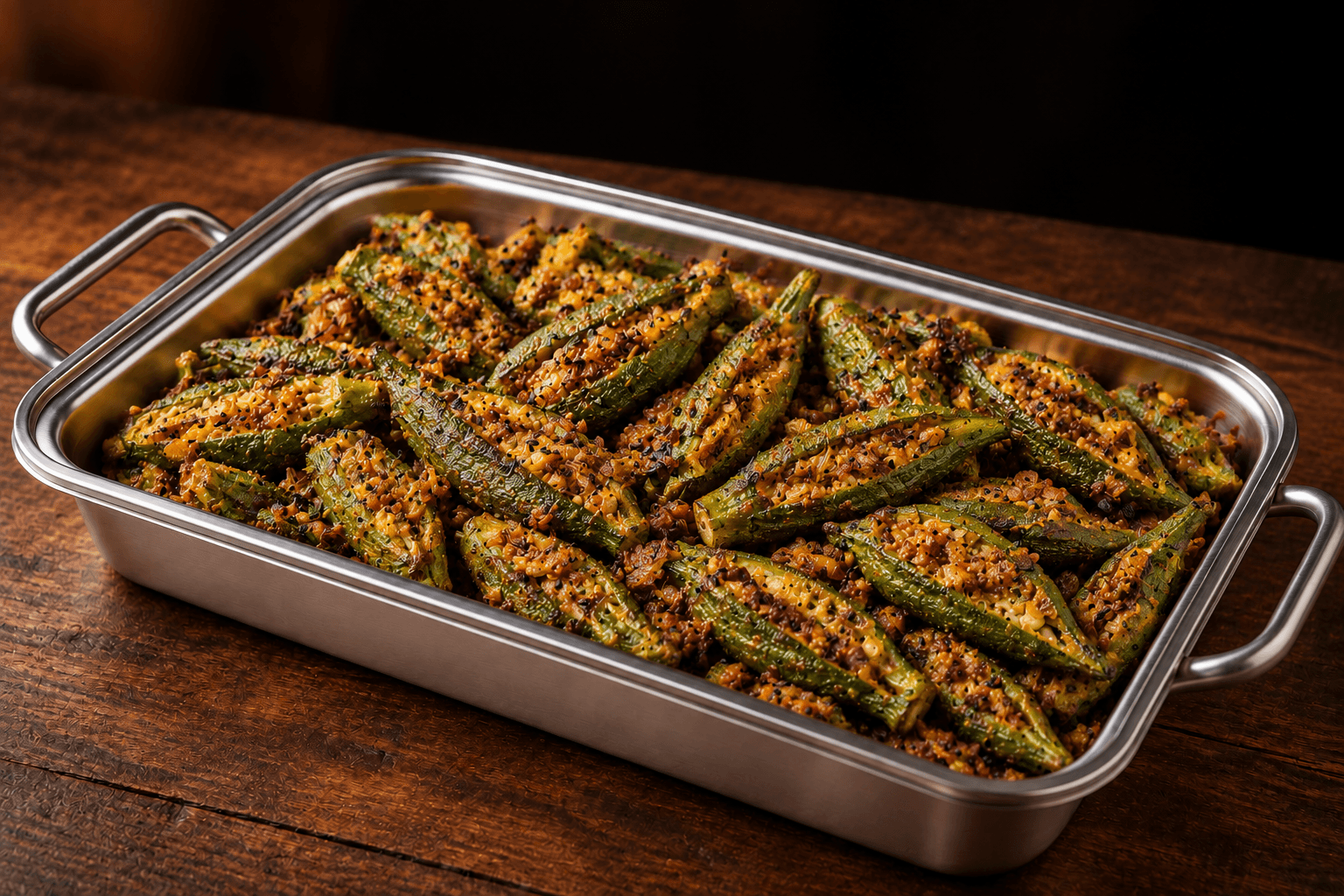 Kalonji Bhindi Tray, party tray catering selection at India Oven in Roseville